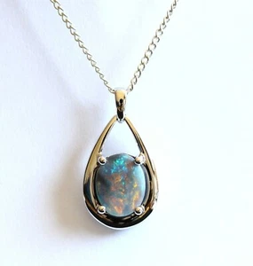 Natural solid semi black opal 1.89ct pendant set in 14ct 14K white gold - Picture 1 of 9