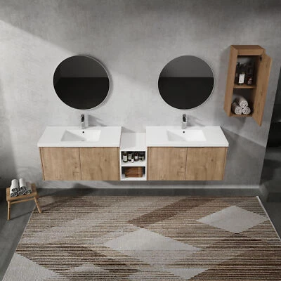 Tocador de baño montado en la pared de madera contrachapada de 2X36" + fregadero de resina + estante de almacenamiento de gabinete lateral Foto 1 de 4