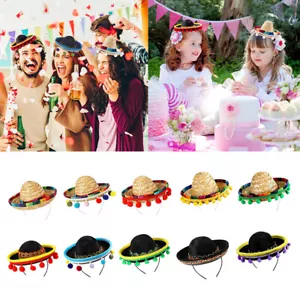 Mexican Fancy Dress Mini Straw Sombrero On Headband Halloween Costume Headdress - Picture 1 of 20