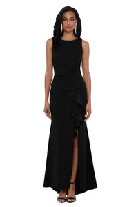 Women's Petite Long Sleeveless Boat Neck Ruffle Side Slit Scuba Crepe Gown Bl... - Picture 1 of 3