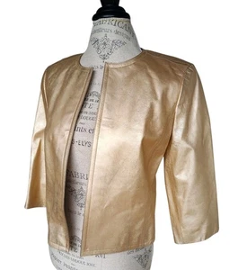 Linda Allard Ellen Tracy Gold Leather Open Blazer 12P Petite Cosplay - Picture 1 of 8