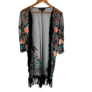SHYANNE Sheer Kimono Duster Size M Embroidered Fringe Western Bohemian Festival - Picture 1 of 11