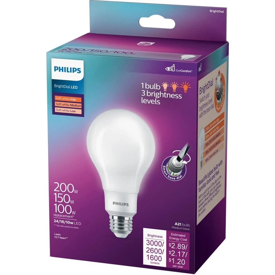 Philips BrightDial 200/150/100W Equivalente Blanco Suave A21 Mediano Bombilla LED Foto 1 de 1