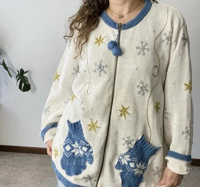 ВИНТАЖНЫЙ Свитер с Карманом Рукавицы Reference Point 2X Вышитый Бабушка Рождество - Изображение 1 из 4