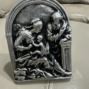 Vtg Nativity 3-D Pewter Holy Family in Wood Back  Christian Art 4x6” - Picture 1 of 6