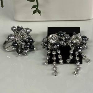 Kate Spade Rhinestone Smokey Gray Beaded Earring and Ring Set - Picture 1 of 6