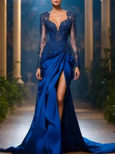 Luxus Applikation Langarm Meerjungfrau Abendkleid Satin Hochzeit Party Kleid  - Bild 1 von 6