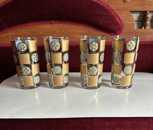 Vintage Durchbruch Karneval Glas Becher MCM Set 4 türkis & gold Bargeschirr - Bild 1 von 5