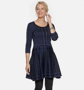 Nina Leonard Geo Print Pullover Midikleid Gr. Small Mod Fit & Flare blau/schwarz - Bild 1 von 14