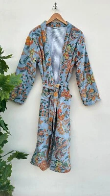 Indian Kimono Sky Blue Floral Velvet Kimono Robe Night Gown Bridal Night Suit US - Image 1 of 4
