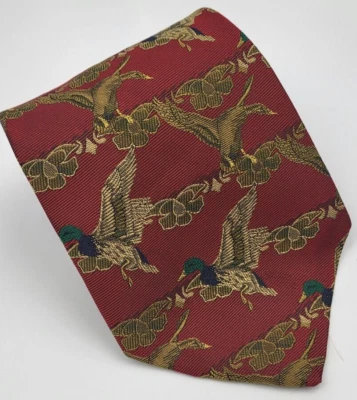 Corbata de seda Robert Talbott roja dorada verde patos animales hombre 56 x 4,1/8 Foto 1 de 4