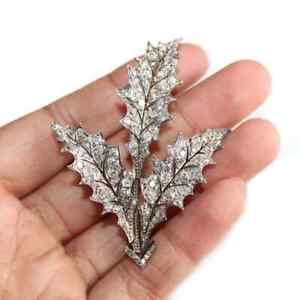 Old Mine Cut 4.58CT Cubic Zirconia Mistletoe Three Leaf Design Silver Brooch Pin