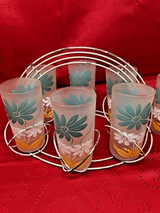 Vintage 50s Modern retro frosted Daisey drink glasses w/ metal carrier MCM - Picture 1 of 11