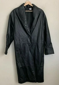 Unbranded Vintage Coat Midi Black Leather Round Collar Buttons Pockets Lined 2P - Picture 1 of 11