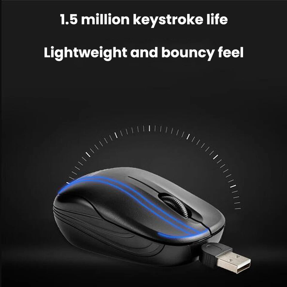 Retractable Wired Mouse Gaming Computer 1000DPI Optical Wired Game USB Black - Image 1 of 4