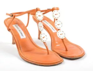 MANOLO BLAHNIK AUTHENTISCH $ 799 orangefarbene Damen-Leder-Tanga-Sandalen Größe 39,5 - Bild 1 von 12