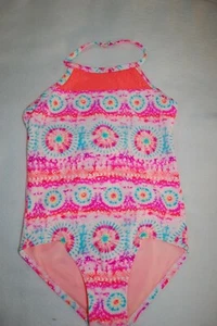Girls 1 PC Swimsuit TIE DYE CIRCLE STRIPE Pink Orange Aqua HALTER Crochet S 6-6X - Picture 1 of 2