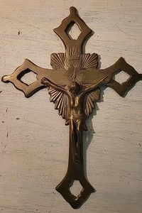 Vintage Messing Jesus Christus Heiliges Kreuz INRI Wandkruzifix 11 Zoll religiöse Ikone Indien - Bild 1 von 14