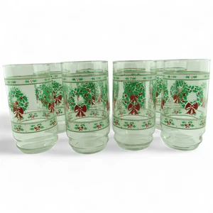 Vintage Christmas Wreath Glasses Set of 8 Holiday Tumblers Holly Bow 6" Retro - Picture 1 of 6