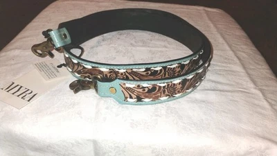 Myra Shoulder Crossbody Strap  Hand Tooled Leather Western Turquoise  - Image 1 of 4