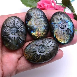 4 Pcs Natural Labradorite 44mm-46mm Oval Hand Carving Flashy Untreated Gemstones - Picture 1 of 7