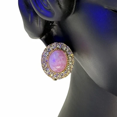 Vintage D'Orlan Signed Pink Cabochon Oval Rhinestone Clip-On Earrings Gold Tone Foto 1 de 4