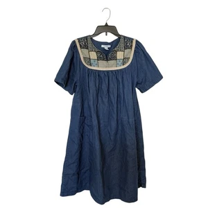 Go Softly Patio Large Embroidered Denim Lounge House Dress 2 Pockets Midi Dress - Picture 1 of 6