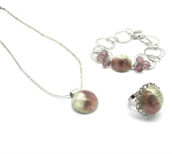  Murano Schmuckset Cabochon rose Set m. Kette Armband Ohrringe rosa silberfarbig - Bild 1 von 1