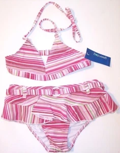 NWT Greendog Girl's 2 Pc. Pink, White & Red Candy Cane Striped Swimsuit, 16 - Picture 1 of 2