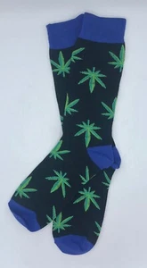 Fine Fit Fun Socks Novelty Dress Socks Black & Blue w/ Marijuana Leaf Size 10-13 - Picture 1 of 5