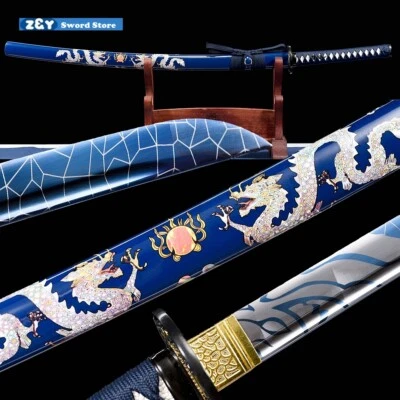 Espada funcional afilada Samurai Japón lista para la batalla Katana azul acero al carbono-Q7884 Foto 1 de 4