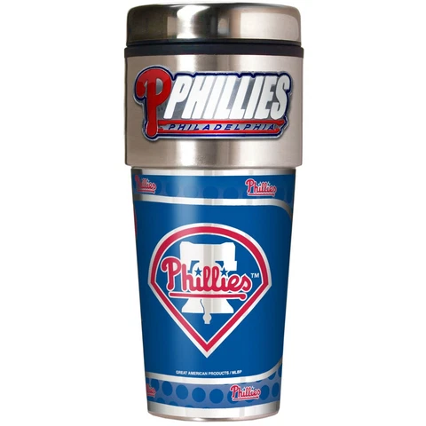 PHILADELPHIA PHILLIES 16 OZ STAINLESS STEEL COFFEE TRAVEL MUG WITH METAL EMBLEM Cover