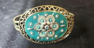Vintage Native American Turquoise Cuff Bracelet two tone with flower design - Picture 1 of 10