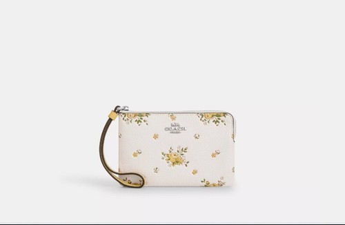 Coach Braccialetto Angolare Zip Raffinata Pelle di Ciottoli Bianco e Stampa Floreale Giallo. Nuovo con etichetta.