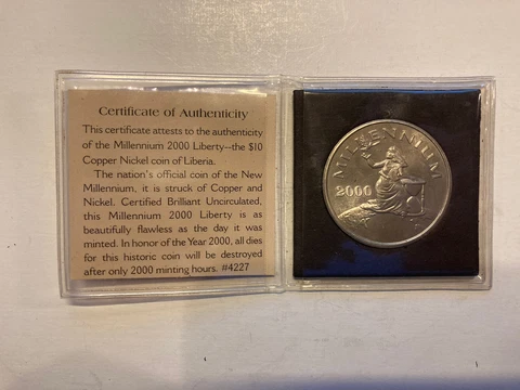Republic Of Liberia 2000 Millennium 10 Dollar Coin W/COA FREE SHIPPING Cover