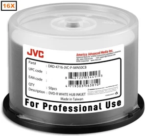 100-Pak JVC PRO (Ritek Pro) 16X 4.7GB White Inkjet Hub DVD-R's in Cakebox - Picture 1 of 2