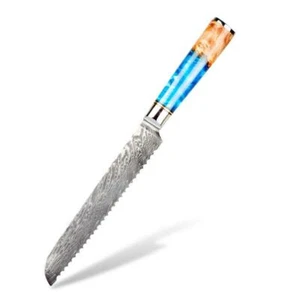 8" Damascus Steel Bread Knife with Blue Resin and Wood Handle - Picture 1 of 4