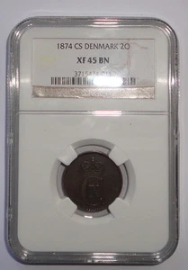 DENMARK  COIN 2 ORE 1874  NGC XF 45 BN - Picture 1 of 2