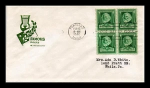 DR JIM STAMPS US COVER HENRY W LONGFELLOW FAMOUS AMERICANS FDC BLOCK HF CACHET - Picture 1 of 2