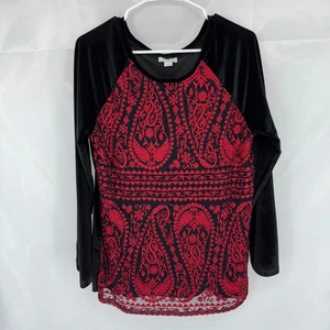 Sundance Women L Velvet Shirt Long Sleeve Red Embroidered Black Velour Soft Top - Picture 1 of 8