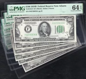 (6) CONSECUTIVE FR. 2154-F 1934-B $100 FRN’S ATLANTA, GA PMG CHOICE UNC-64EPQ - Picture 1 of 8