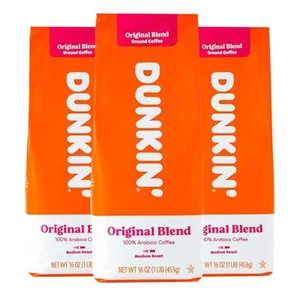 Dunkin Donuts Original Blend Ground Coffee Bean 16 OZ Bag, 1 Pound (Pack of 3) - Picture 1 of 1