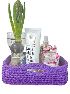 New Handmade Crochet Poly Purp Rope Yarn Rectngular Storage Basket Sz 3x7x10.5 - Picture 1 of 12