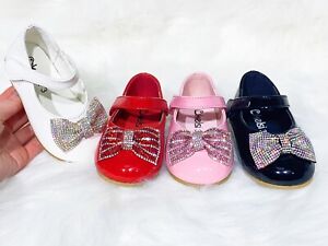 KIDS INFANTS BABY GIRLS BOW DIAMANTE SPANISH WEDDING PARTY PATENT TOODLER SHOES