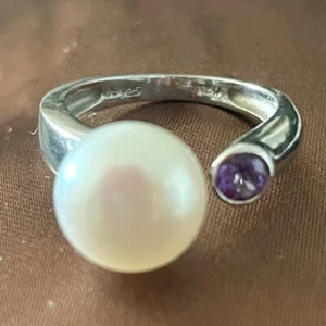 Honora White Freshwater Pearl Amethyst Sterling Silver .925 Ring Size 6 - Picture 1 of 5