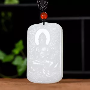Aceite de cabra natural blanco HeTian jadeíta tallado a mano colgante Avalokitesvara - Imagen 1 de 9