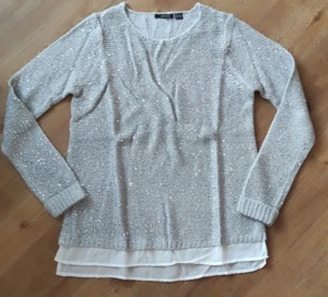 Langarm Pulli Pullover Blusenkante grau weiß Glitzer Pailletten esmara M 40 42 - Bild 1 von 6
