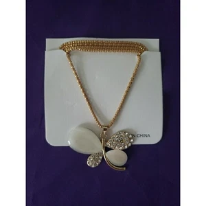 Butterfly Pendant Necklace Gold Tone, White Stones & Crystal Clear Rhinestones - Picture 1 of 12