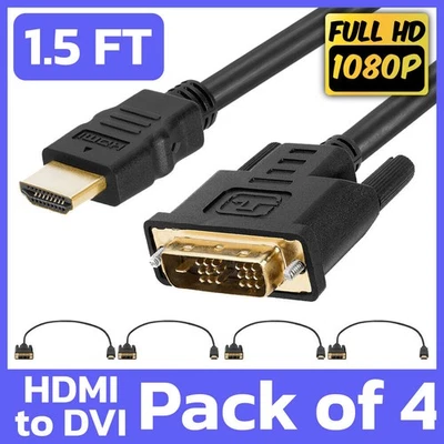 4 Pack 1.5FT HDMI to DVI Cord DVI-D to HDMI Cable Adapter Connector Converter - Image 1 of 4
