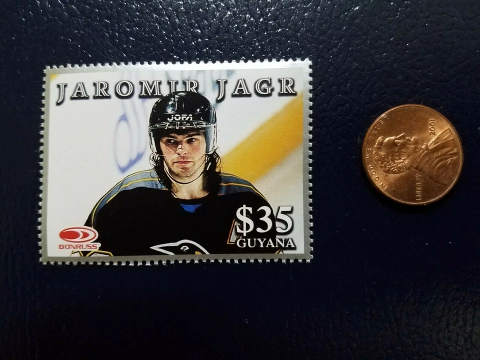 Estampilla perforada de plata Jaromir Jagr Pittsburgh Penguins Donruss Guyana WOW Foto 1 de 1